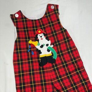 Boys Red Plaid Fire Dog Patch Jumpsuit Overalls Kelly's Kids Size 4T Jumper Vtg‎